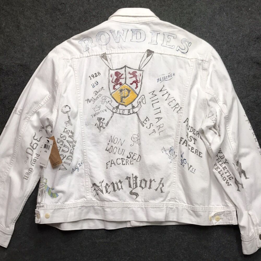 NWT POLO Ralph Lauren Denim Oxford Club Jacket Men 2XB White Rowdies Rugby Print - Picture 2 of 16